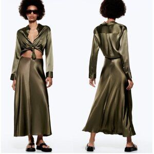 ZARA Khaki Olive Green Long Satin Effect Cut Out Maxi Shirt Dress Size XS